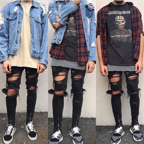denim jacket ripped jeans iron maiden outfit inspo tumblr aesthetic  fashion men tomboy