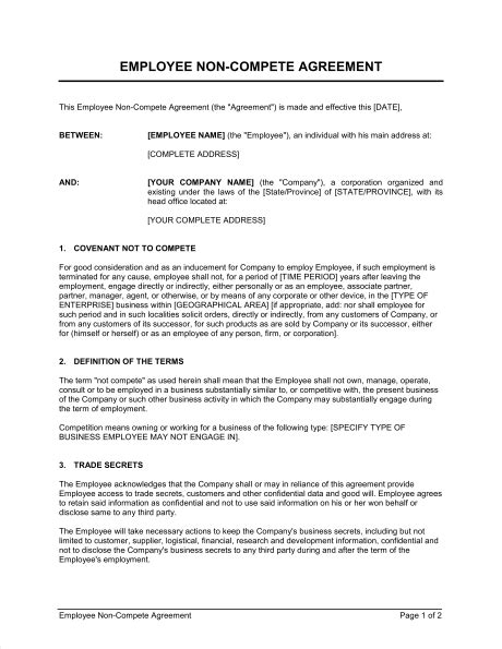 compete agreement   printable documents  business