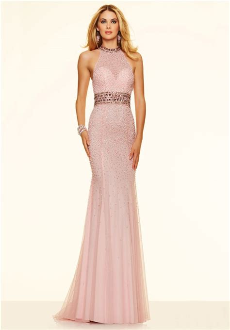 luxury mermaid backless long blush pink tulle beaded pearl evening prom dress