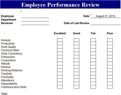 employee performance review template  excel templates