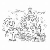 Coloring Christmas Outline Decorating Boy Tree Cartoon Year Preview sketch template