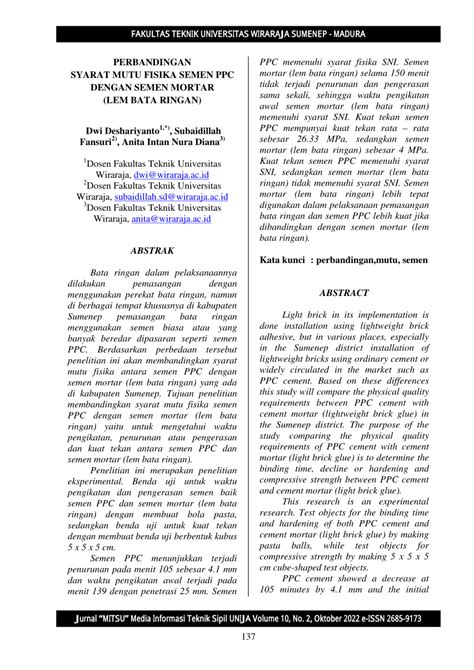 pdf perbandingan syarat mutu fisika semen ppc dengan semen mortar
