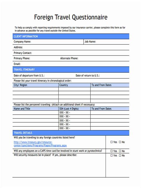 travel questionnaire forms   excel ms word