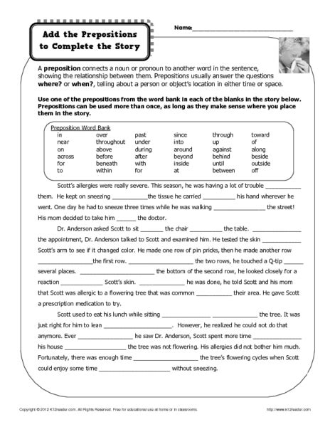 add  prepositions  complete  story worksheet