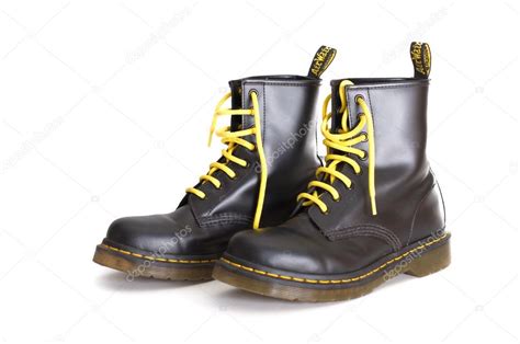 classic black  martens lace  boots  yellow laces stock editorial photo  dnaveh