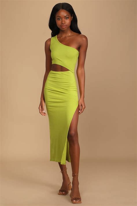 Spice Things Up Lime Green Ribbed One Shoulder Cutout Midi Dress In
