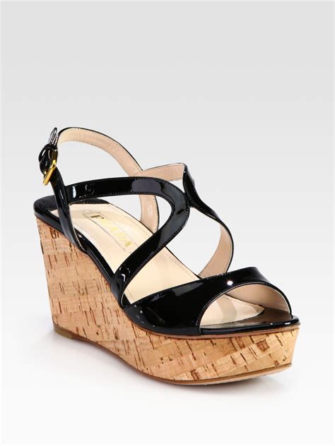 Prada Patent Leather And Cork Wedge Sandals In Black Lyst
