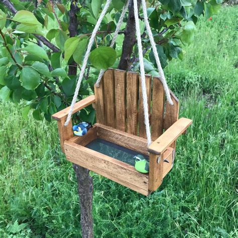 swing seat wood bird feeder handmade wooden hanging garden etsy