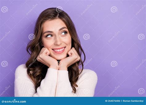 Portrait Of Young Adorable Brunette Hair Lady Toothy Smiling Touch