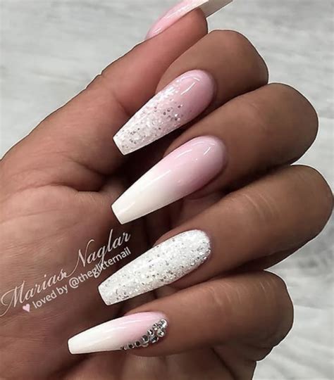 pretty french pink ombre  glitter  long acrylic coffin nails design latest fashion