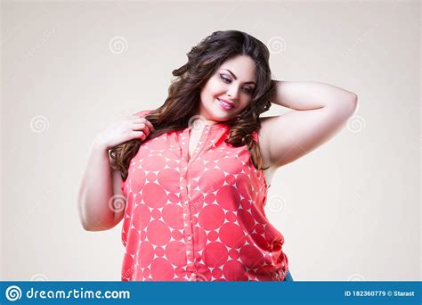 Happy Plus Size Fashion Model In Casual Clothes Cheerful Fat Woman On