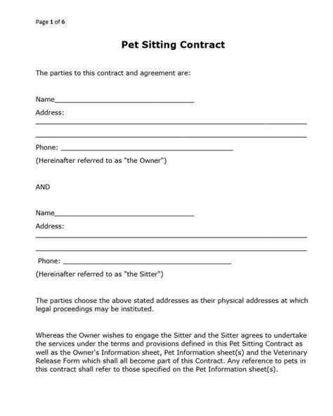 printable pet sitting contract printer friendly blackwhite