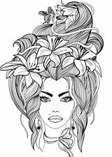 Coloring Pages Adult Girl Flowers Hair Portrait Adults Long Her Lily Butterfly Printable Girls Color Zentangle Women Colouring Books Colorear sketch template