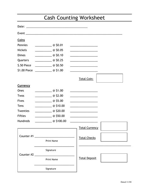 printable cash count sheet printable templates