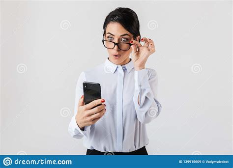 image of joyous secretary woman wearing eyeglasses using