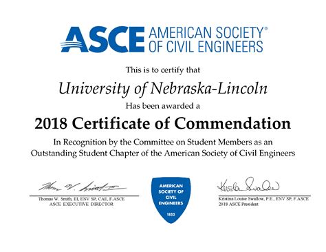 unl asce earns certificate  commendation announce university