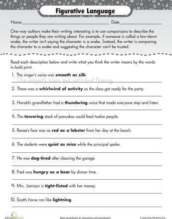 figurative language practice worksheet educationcom figurative
