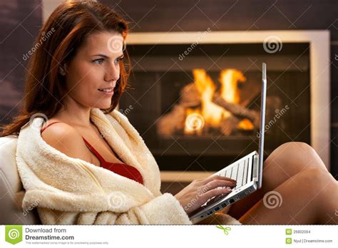 Sexy Woman Using Computer In Winter Stock Images Image