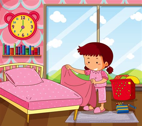 Girl Making Bed In Pink Bedroom Download Free Vectors