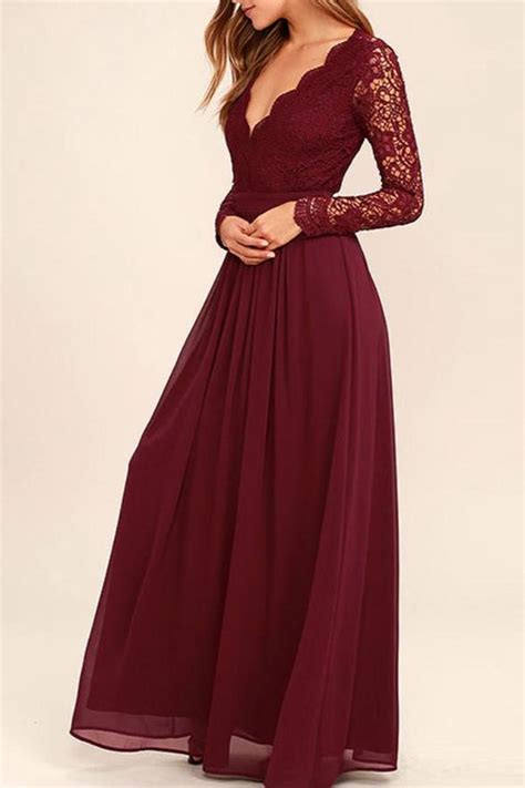 burgundy long sleeves bridesmaid dresses cheap v neck long prom dress