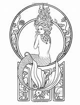 Coloring Pages Kraken Mermaid Tattoo Nouveau Adult Mermaids Siren Vintage Colouring Mystical Mythical Drawings Coloriage Dessin Sea Printable Books Fenech sketch template