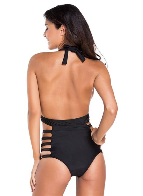 L Sexy Plunge Neck Strappy Backless Black One Piece Swimsuit Chicuu