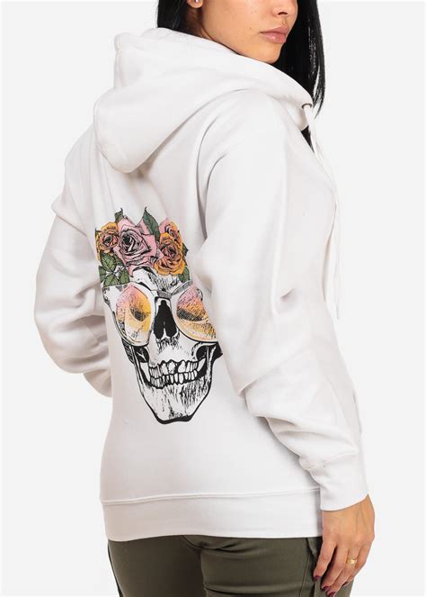 moda xpress womens juniors casual floral skull graphic print long sleeve zip  white hoodie