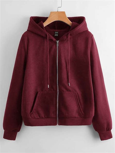 Shein Zip Up Drawstring Hoodie In 2024 Classy Hoodies Hoodies Red