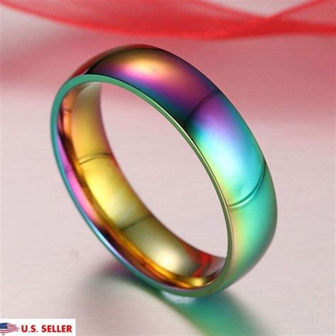 Usa 6mm Colorful Rainbow Stainless Steel Couple Wedding Band Ring