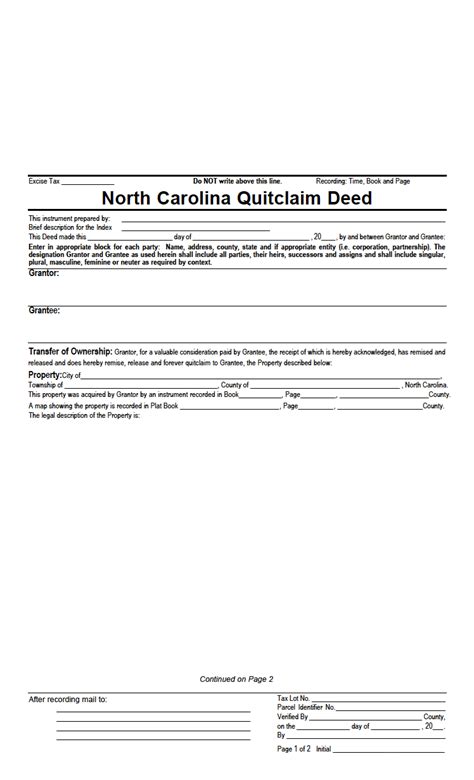 north carolina quitclaim deed form  printable