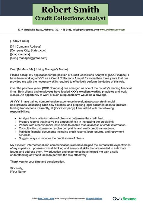credit collections analyst cover letter examples qwikresume