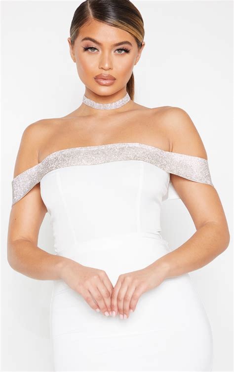 white woven diamante bardot bodysuit tops prettylittlething