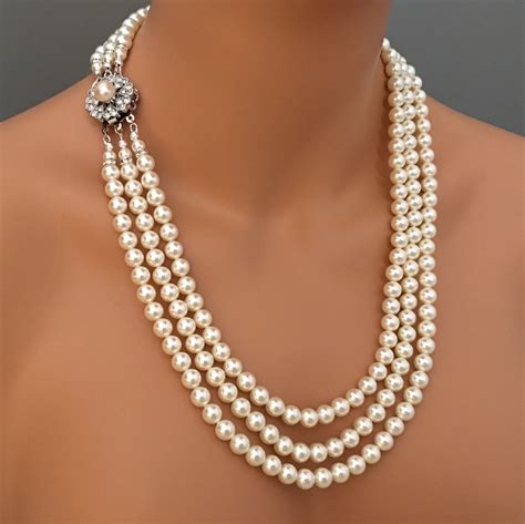 long pearl necklace set  earrings rhinestone clasp   strands