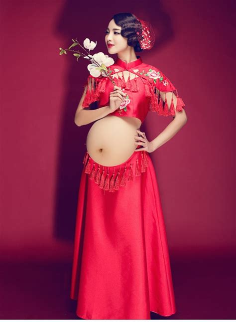 fashion chinese style big red maternity dresses for photo shoot clothes