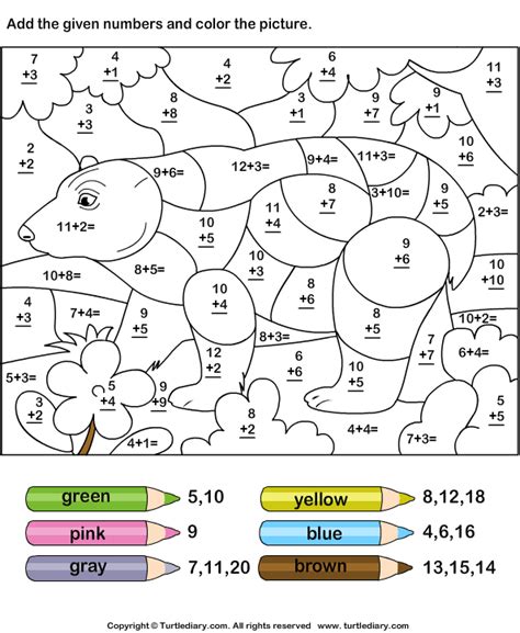 color  adding numbers turtlediarycom coloring worksheets