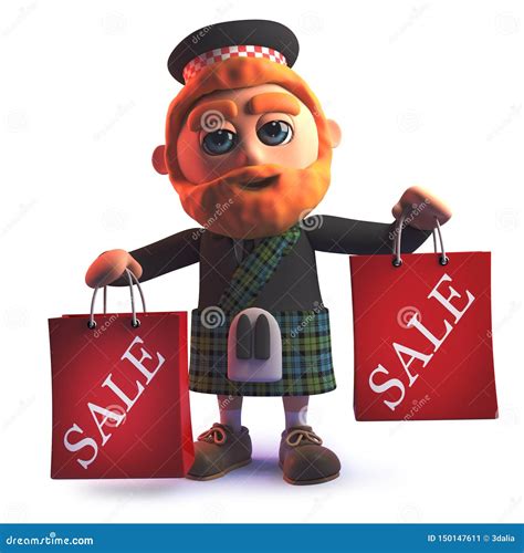 cartoon scots man   wearing  kilt  holding shopping sale bags stock illustration