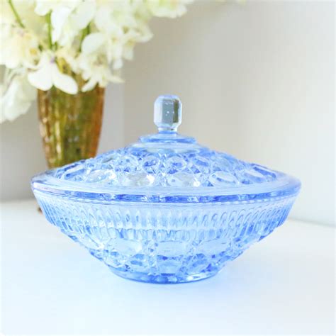blue glass candy dish  lid covered candy dish  federal