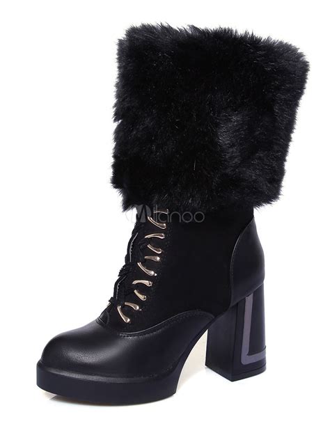 black fur boots chunky heel mid calf boots lace   toe winter boots  women milanoocom