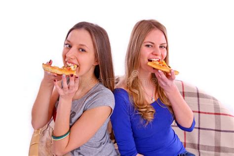 Two Girlfriends Eating Pizza Stock Image Image Of Food Light 37716309