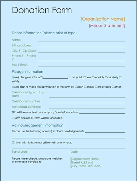 sample printable donation form template ms office templates