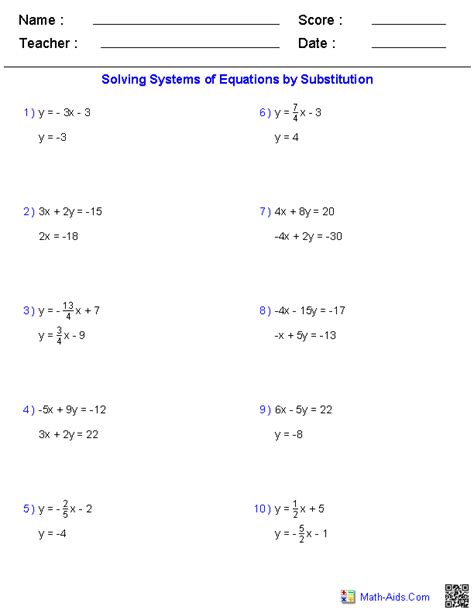 algebra  worksheets systems  equations equations solving linear