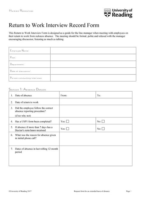 printable return  work form