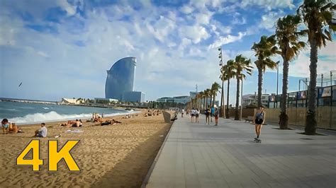 Walking Along Barceloneta Beach Barcelona Spain [4k