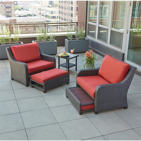 hampton bay sauntera  piece wicker patio seating set  red cushions