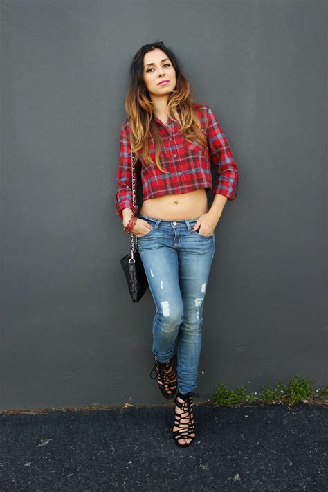 flannel crop top  jeans fashion  vicky