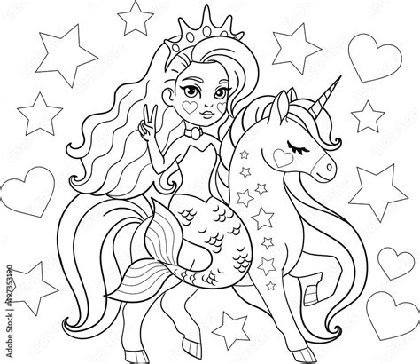 mermaid riding cute unicorn vector outline  coloring page stock