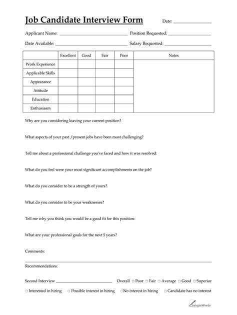 samplewords job candidate interview form fill  sign printable