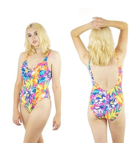 High Rise 90s Neon Floral Swimsuit Vintage One Piece Vintage One Piece