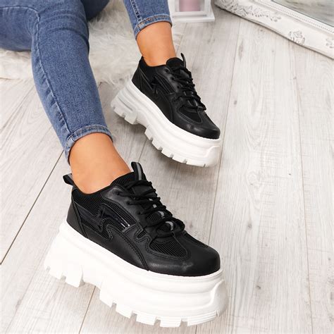 womens ladies platform chunky trainers lace  sports gym