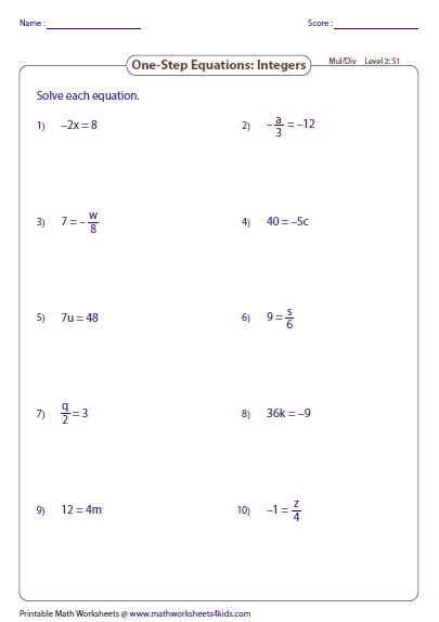 step equations integers worksheet sheet  tessshebaylo